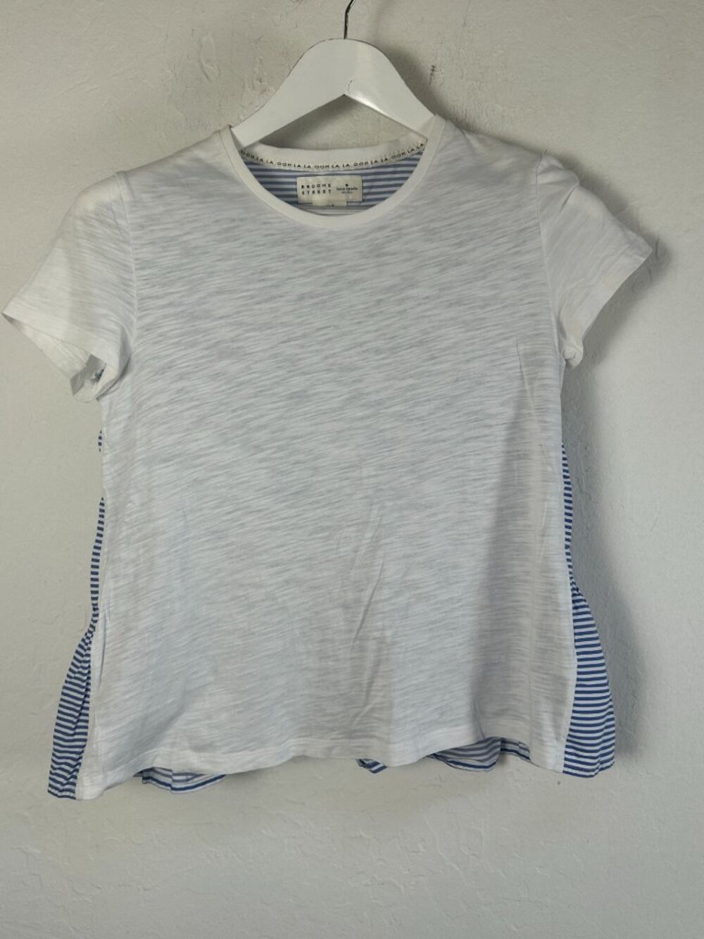 Kate Spade Broome Street Womens White Blue Striped Ruffle Tee Small Short Sleeve